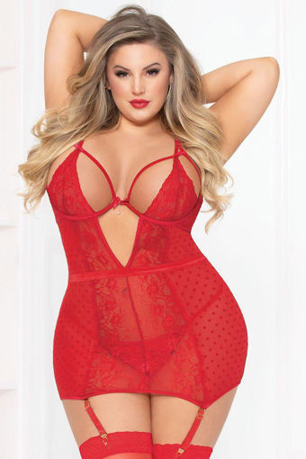 Picture of Skip a Beat Heart Mesh Chemise & Thong 1X/2X